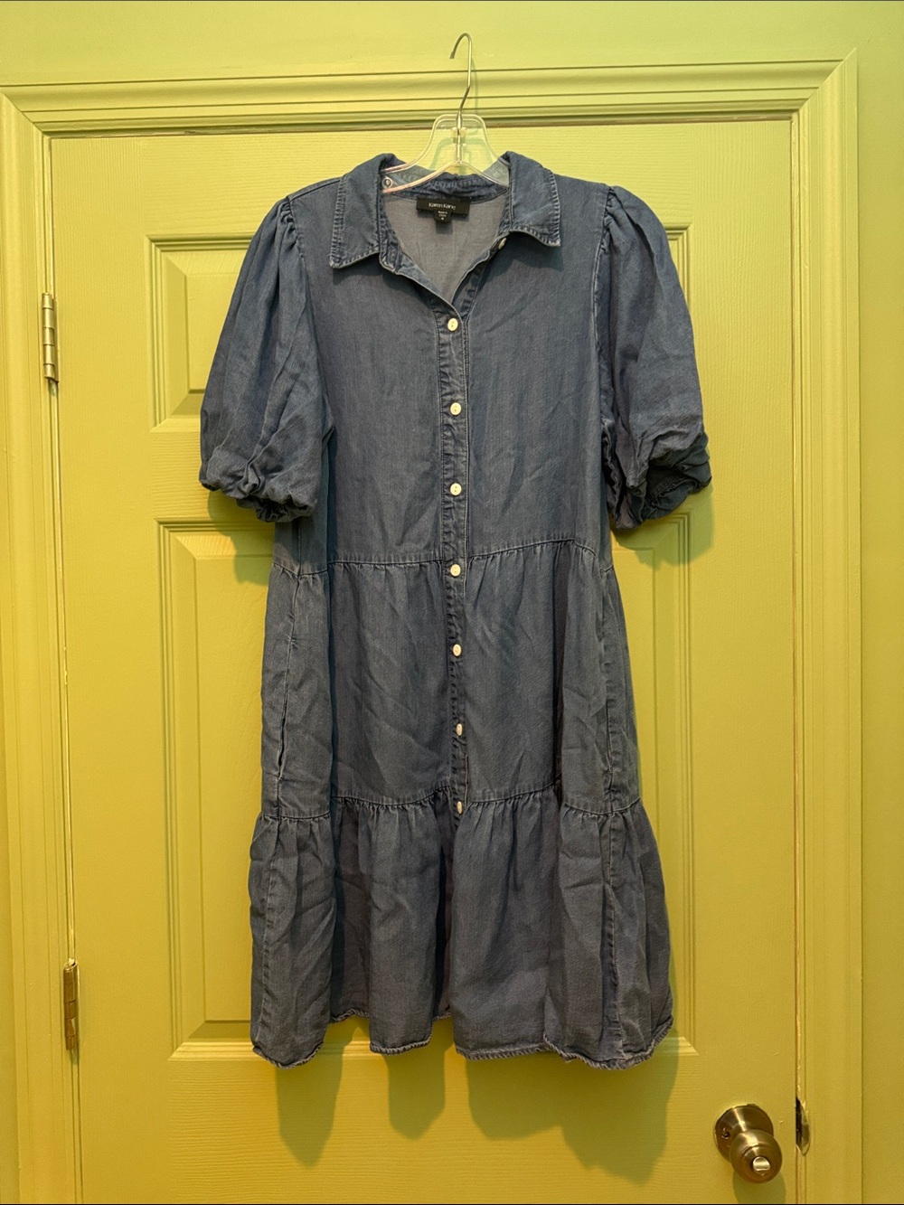 Karen Kane Denim-Look Button Front Puff Sleeve Midi Dress - Blue